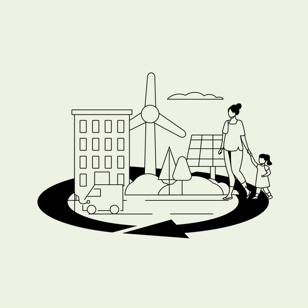 Duurzame stadsomgeving met windmolen en gezin.