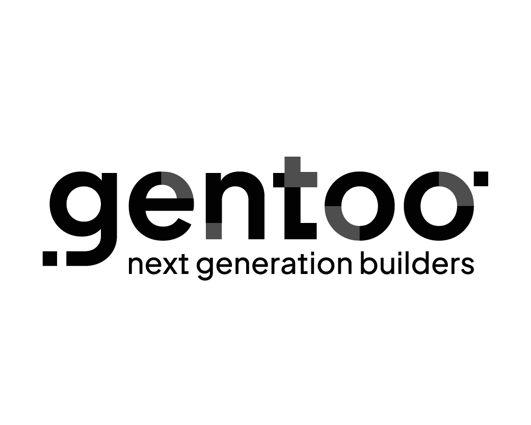 Gentoo logo met slogan 'next generation builders'.