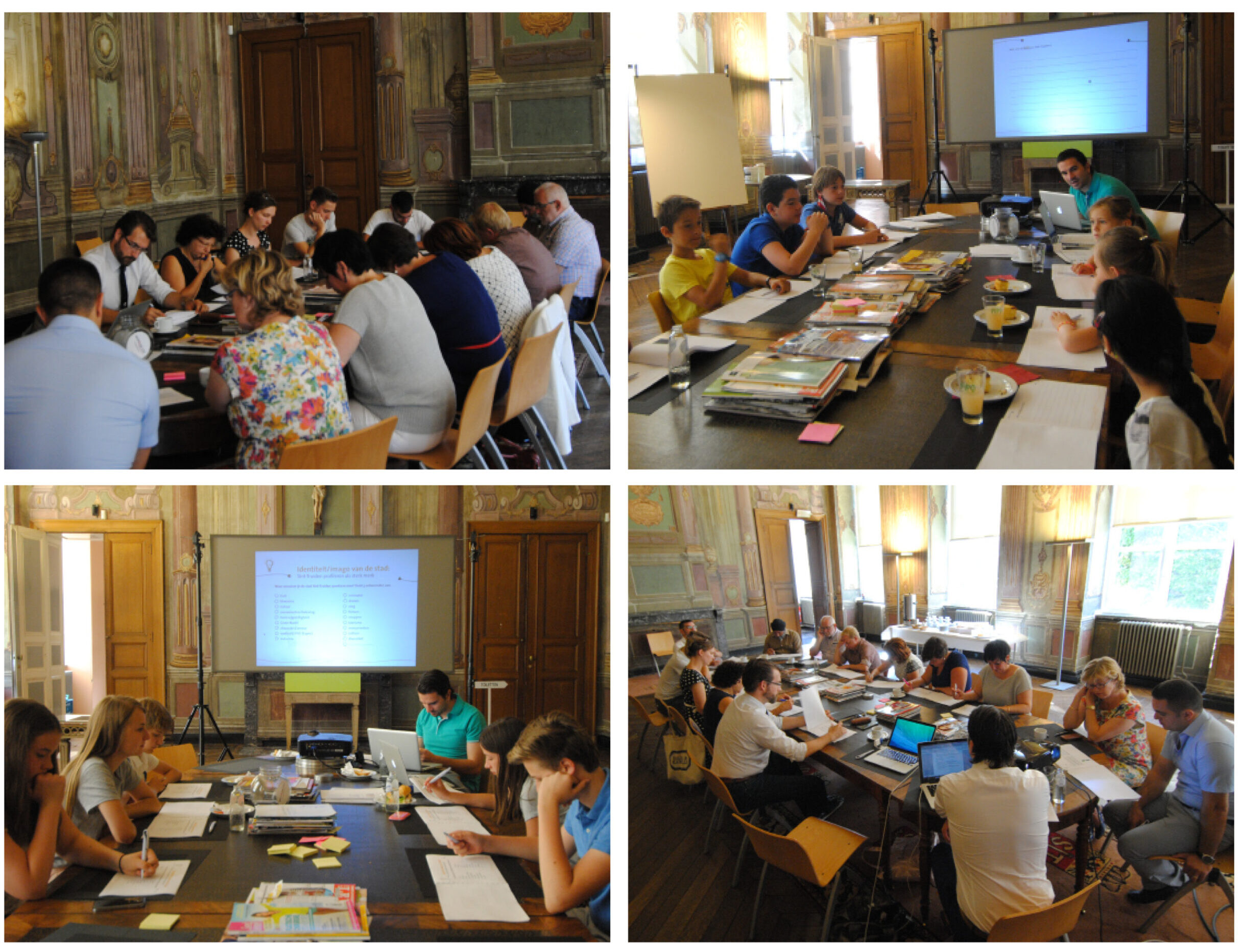 Groep mensen vergaderen in historische kamer.