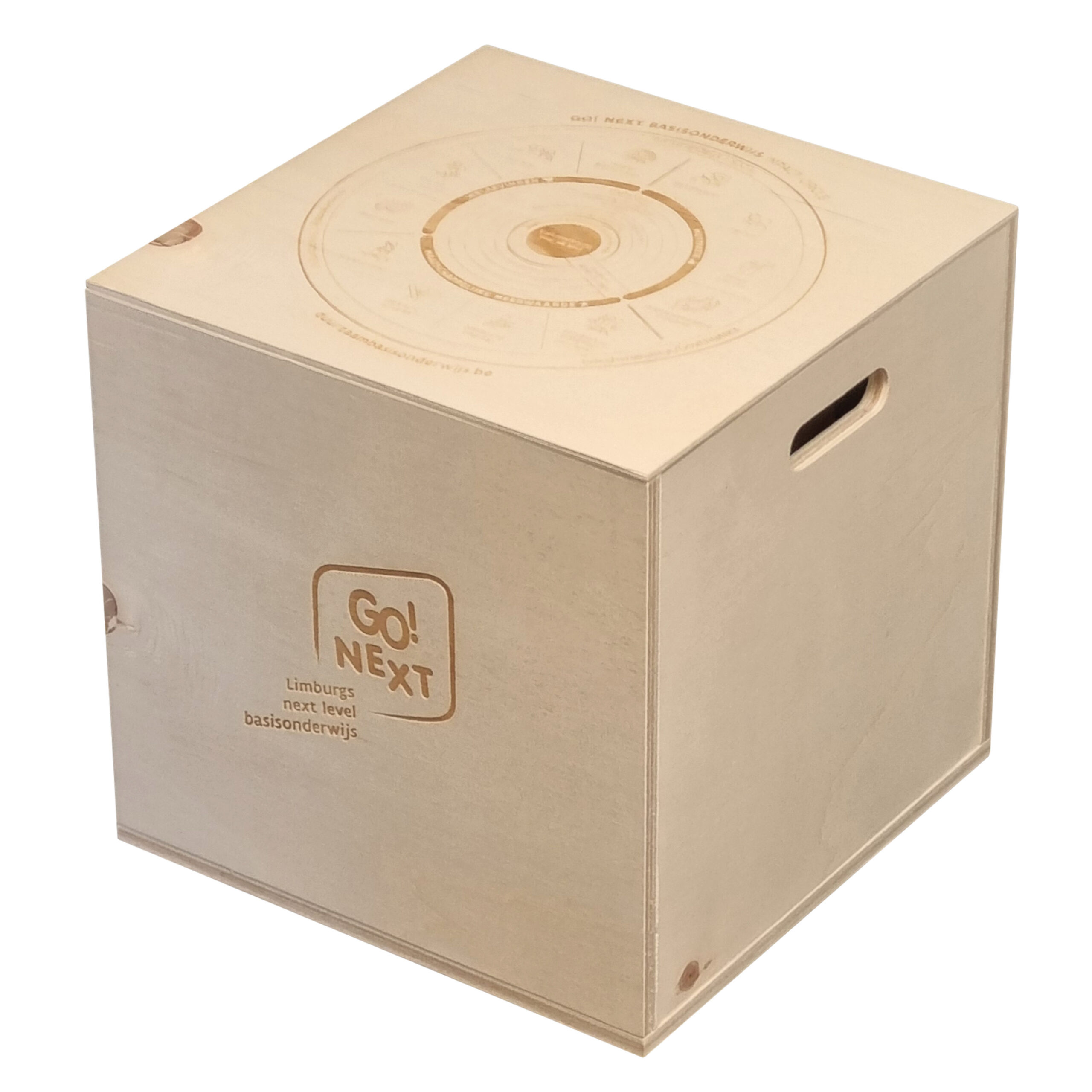 Houten kist met GO! NEXT Limburgs logo