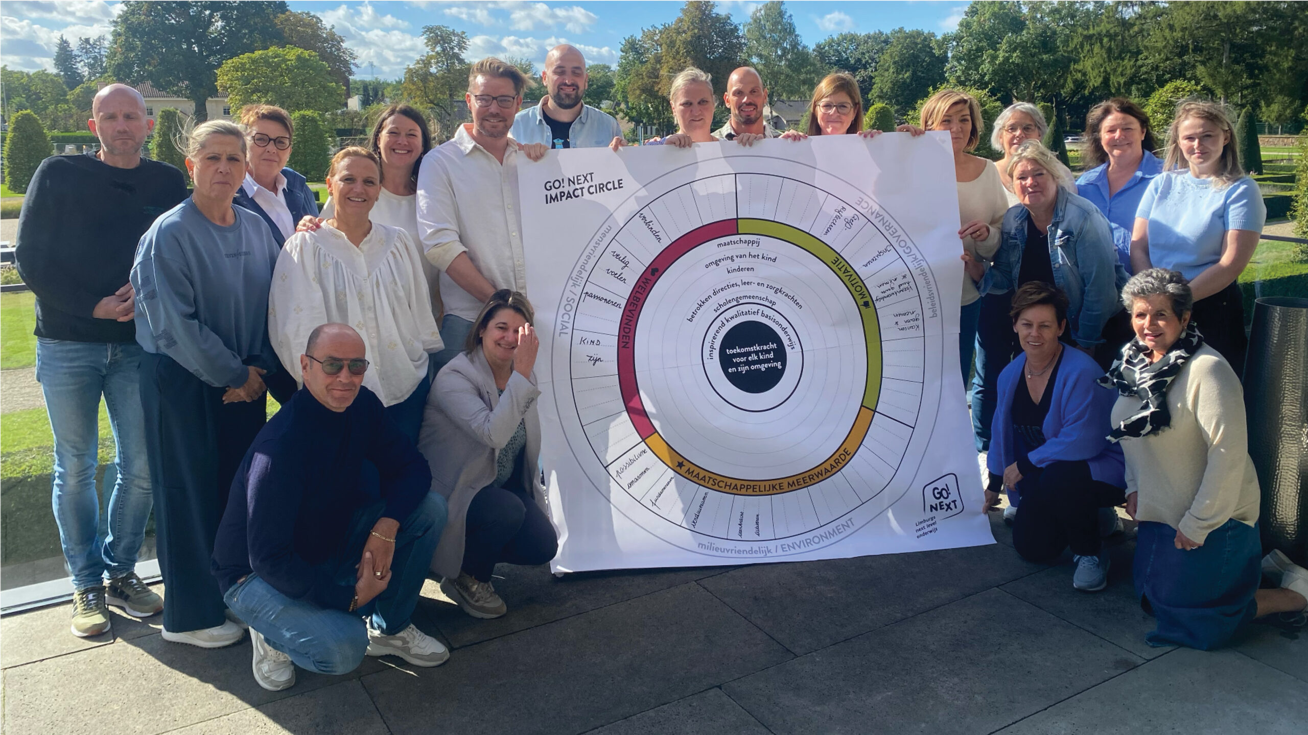 Groep mensen met een impact cirkel presentatie.