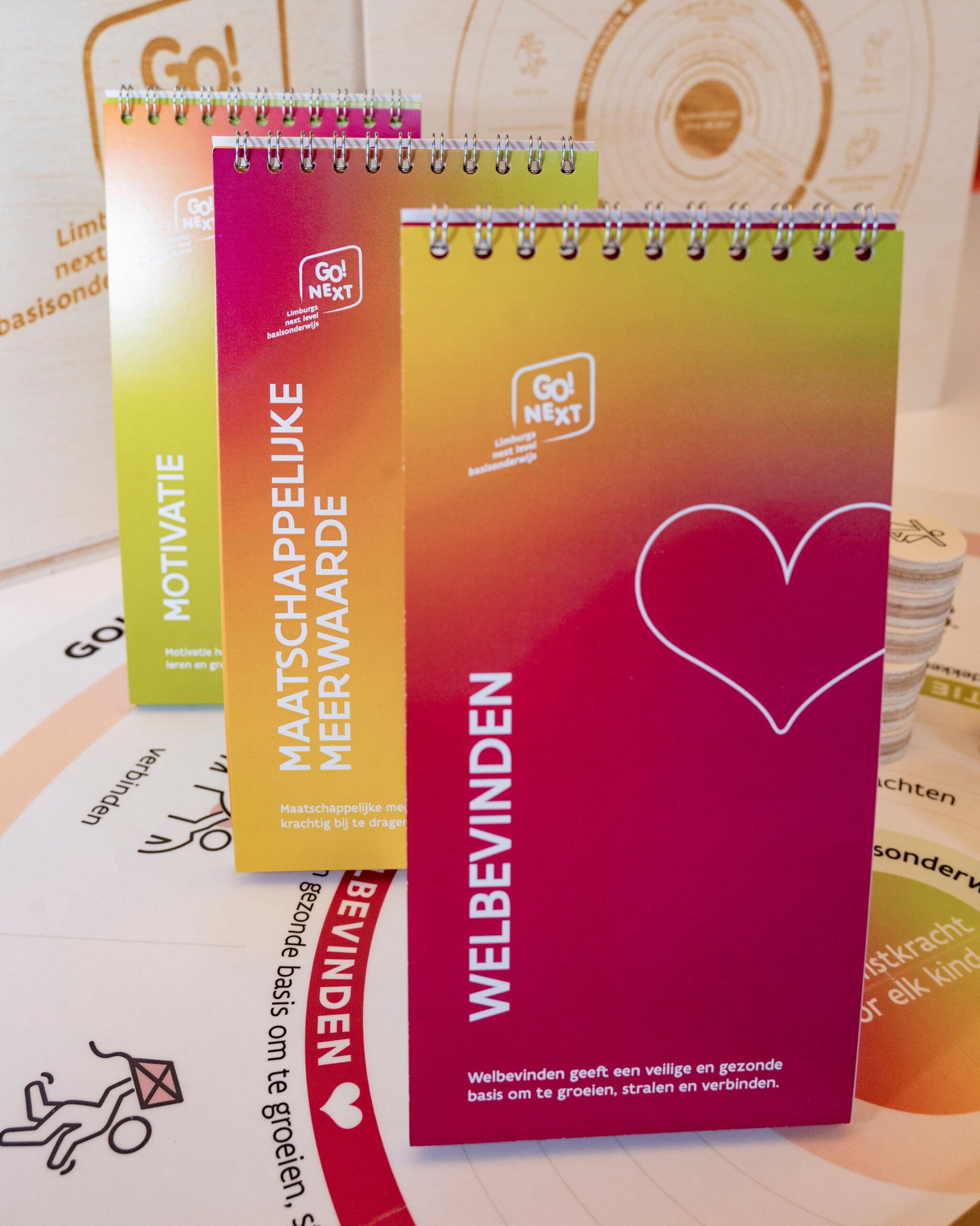 Kleurrijke Go! Next notitieboekjes met thema's welbevinden, motivatie.
