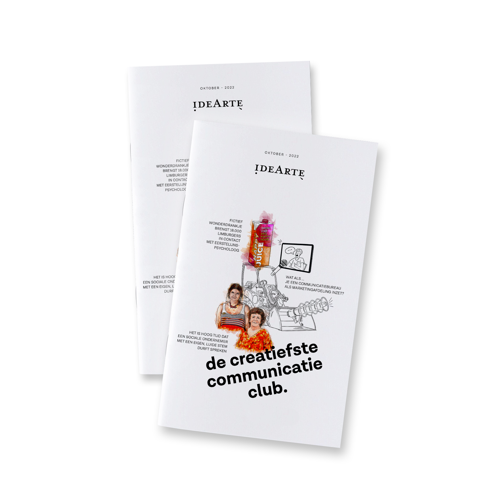 Creatief communicatieclub magazine met illustratie en tekst.