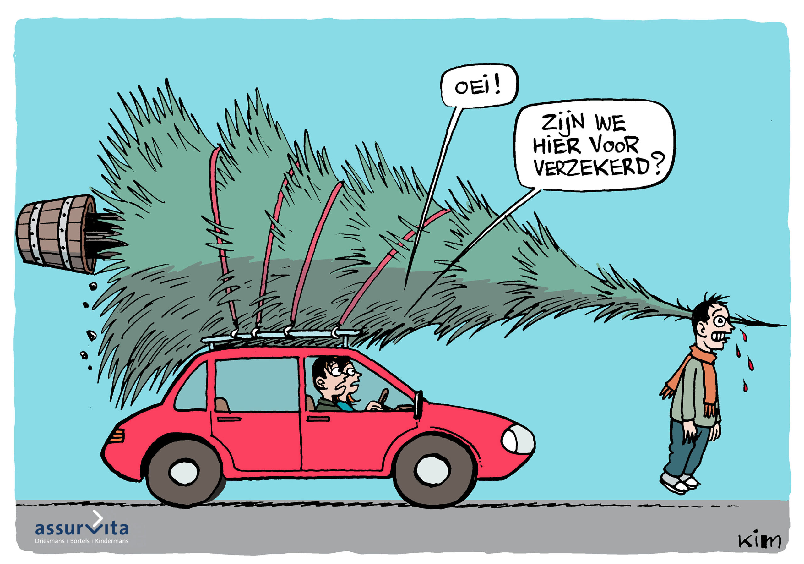 Auto met kerstboom veroorzaakt ongeluk, humoristische cartoon.