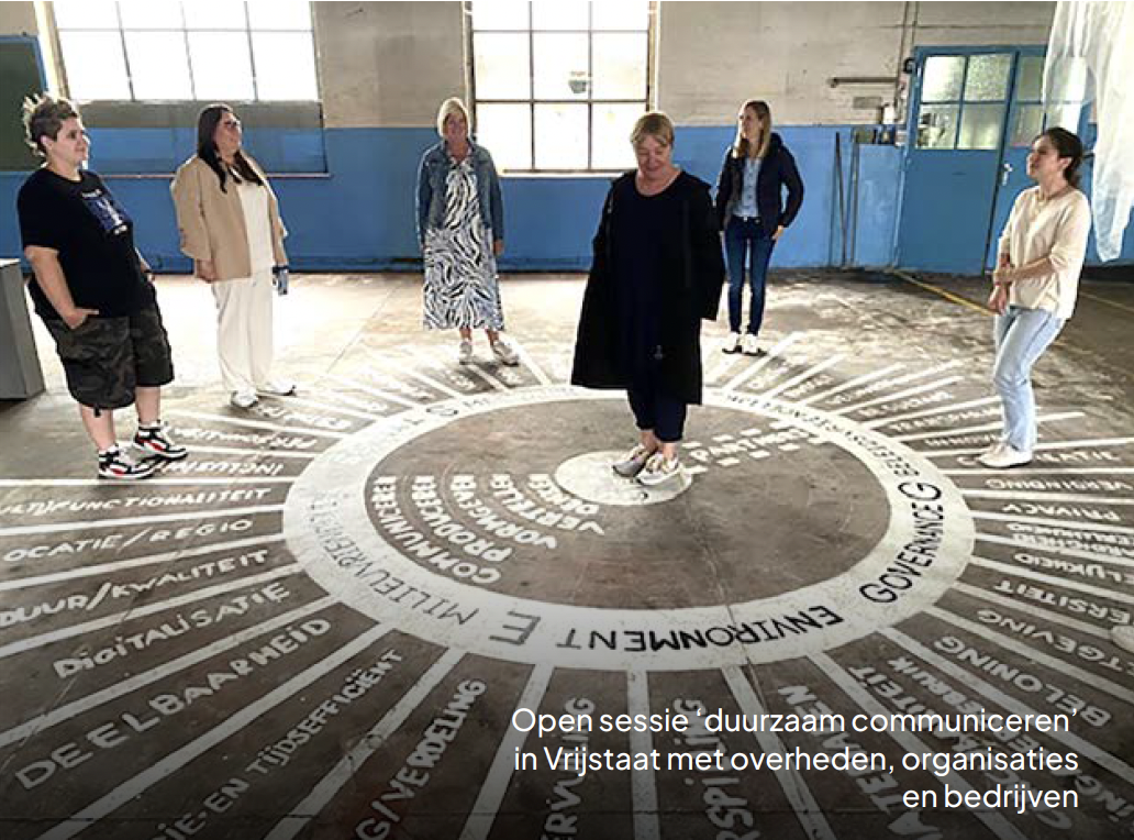 Groep bij grafische cirkel tijdens duurzame communicatiesessie.